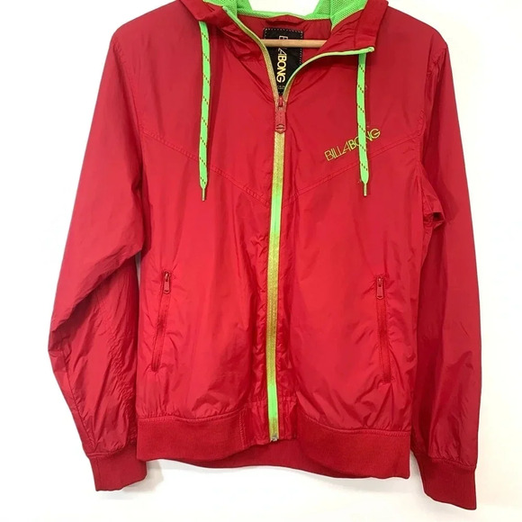 Billabong Jacket Windbreaker Men Small  Nylon Full Zip Hood Red Pockets Lined - Picture 1 of 9